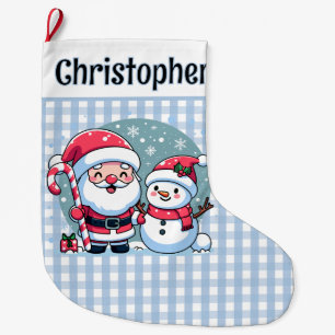 Grande Chaussette De Noël Joli Père Noël et bonhomme de neige en vichy bleu 