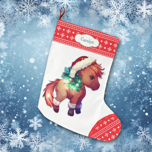 Grande Chaussette De Noël Joli Poney Flocon de Neige Bordure Rouge Enfants
