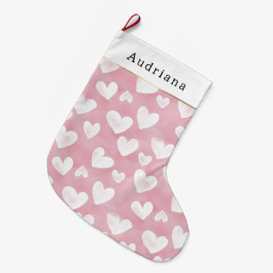 Grande Chaussette De Noël Jolis coeurs roses blancs de Noël