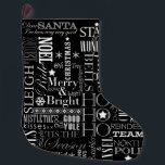 Grande Chaussette De Noël Jour férié style tableau noir Noël Stocker<br><div class="desc">Tous les sentiments Fêtes / Noël préférés sur un bas de Noël typographique noir et blanc élégant style tableau noir. Pour un décor saisonnier élégant et un cadeau parfait plein de joie de vacances aussi.</div>