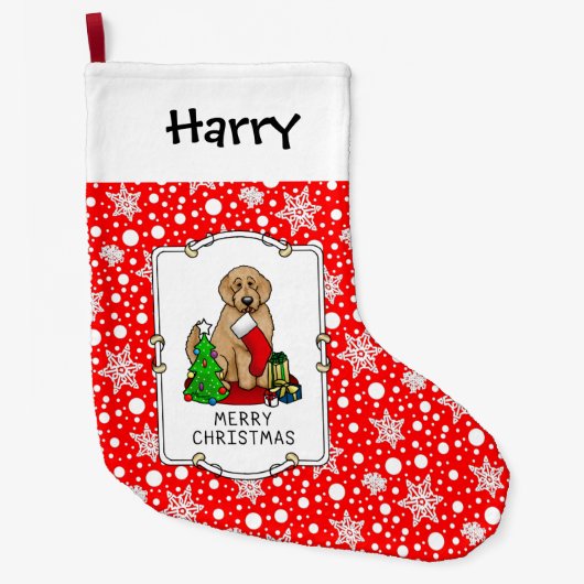 Grande Chaussette De Noël Joyeux Noël 2 Goldendoodle (rouge doré) mignonne (Devant)