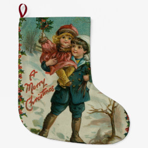 Grande Chaussette De Noël Joyeux Noël - carte postale rétro, enfants, houx