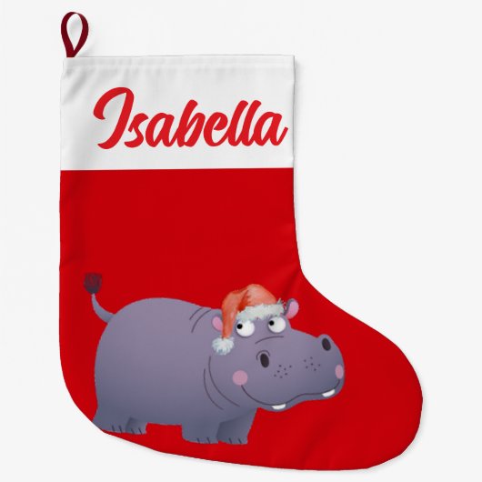 Grande Chaussette De Noël Joyeux Noël rouge Hippo zoo de Santa hat Noël (Devant)