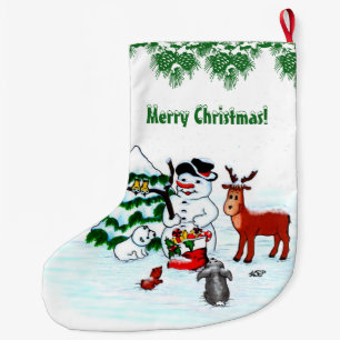 Grande Chaussette De Noël Joyeux Noël! Snowman avec amis
