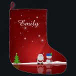 Grande Chaussette De Noël Joyeux Noël Snowman et Père Noël<br><div class="desc">Une jolie illustration de Noël mettant en vedette un bonhomme de neige,  le Père Noël,  un sapin de Noël,  de la neige et des étoiles sur un arrière - plan rouge.</div>
