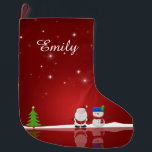 Grande Chaussette De Noël Joyeux Noël Snowman et Père Noël<br><div class="desc">Une jolie illustration de Noël mettant en vedette un bonhomme de neige,  le Père Noël,  un sapin de Noël,  de la neige et des étoiles sur un arrière - plan rouge.</div>