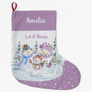 Grande Chaussette De Noël Laisser neiger heureux Snowman famille Lavender