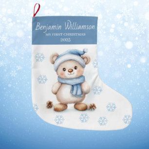 Grande Chaussette De Noël Le 1er Noël de bébé Ours Flocons de Neige Bleus 