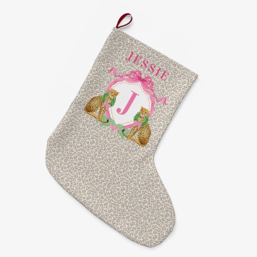 Grande Chaussette De Noël Leopard Christmas Wreath Monogram With Name (Devant (Accrochage))