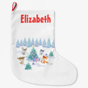 Grande Chaussette De Noël Les Animaux De Forêt Dansant Autour De L'Arbre De