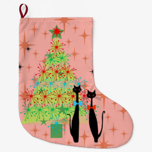 Grande Chaussette De Noël Les chats de Noël modernes de l'ère rétro atomi