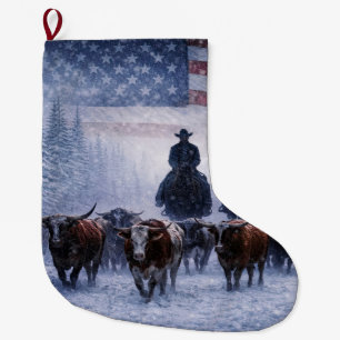 Grande Chaussette De Noël L'esprit de Noël cow-boy avec du bétail