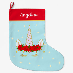 Grande Chaussette De Noël Licorne, fleurs de poinsettia et étoiles sur fond 
