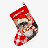 Grande Chaussette De Noël Long Haired Chihuahua Red Plaid avec le nom du chi (Dos (Accrochage))