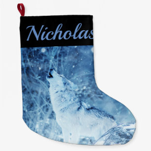 Grande Chaussette De Noël Loup bleu avec nom