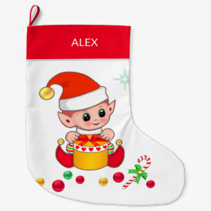 Grande Chaussette De Noël Lutin de Noël avec boules de Noël sur fond blanc