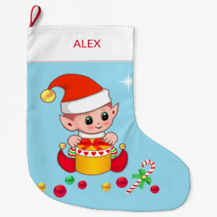 Grande Chaussette De Noël Lutin de Noël avec boules de Noël sur fond bleu cl