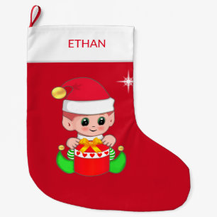 Grande Chaussette De Noël Lutin de Noël et boîte cadeau sur fond rouge