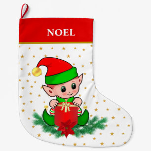 Grande Chaussette De Noël lutin de Noël, étoiles, poinsettia et pin