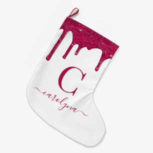 Grande Chaussette De Noël Magenta rose Parties scintillant gouttes Monogramm