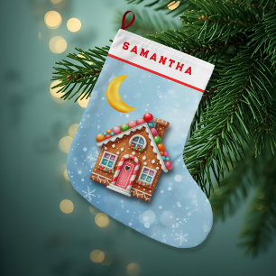Grande Chaussette De Noël Maison en pain d'épice bleu personnalisée Chausset