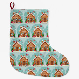 Grande Chaussette De Noël Maison en pain d'épices fantaisiste scène de Noël
