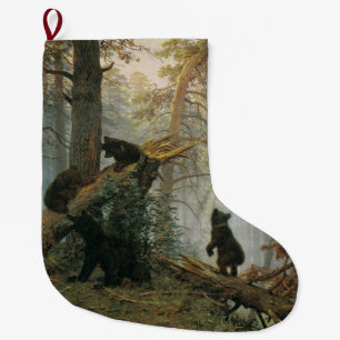 Grande Chaussette De Noël Matin dans une forêt de pins (Ours dans les bois)