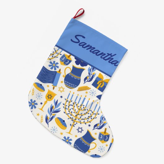 Grande Chaussette De Noël Menorah & Dreidel Blue Hanoukka Stocking (Devant (Accrochage))