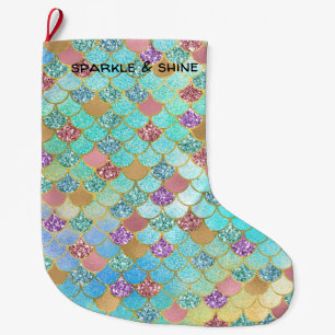Grande Chaussette De Noël Mermaid à Parties scintillant d'or bleu rose d'Aqu
