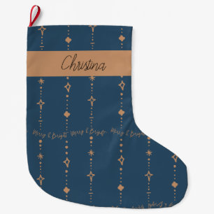 Grande Chaussette De Noël Merry & Bright Modern Navy Blue & Gold Abstrait