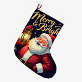 Grande Chaussette De Noël Merry Bright Santa Holding Lantern Illustration (Devant (Accrochage))