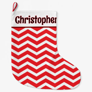 Grande Chaussette De Noël Message personnalisé mignon rouge et blanc Chevron