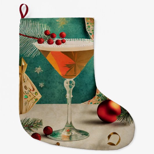 Grande Chaussette De Noël Mi-Siècle Cocktail de Noël Fête Happy Hour (Devant)