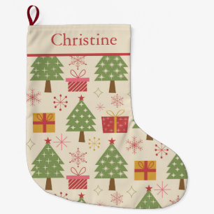 Grande Chaussette De Noël Mid Century Noël Arbres Atomiques nom personnalisé