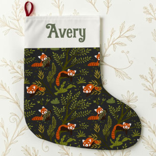 Grande Chaussette De Noël Mignon Panda Rouge Botanique de la Forêt Sombre