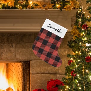 Grande Chaussette De Noël Modern Red Buffalo Plaid & Name