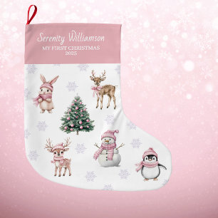 Grande Chaussette De Noël Mon 1er Noël Bébé Fille Douce Forêt en Bois