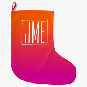 Grande Chaussette De Noël Monogramme à 3 initiales Dégradé rose orange