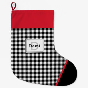 Grande Chaussette De Noël Monogramme à garniture à carreaux noir et blanc