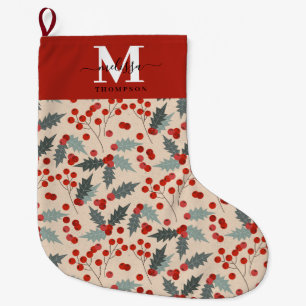Grande Chaussette De Noël Monogramme botanique de Noël Holly Berry moderne
