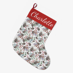Grande Chaussette De Noël Monogramme de nom aquarelle de baie rouge