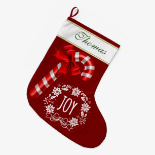 Grande Chaussette De Noël Monogramme de script Joy avec ruban rouge de canne