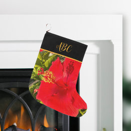 Grande Chaussette De Noël Monogramme personnalisé Fleur rouge tropicale