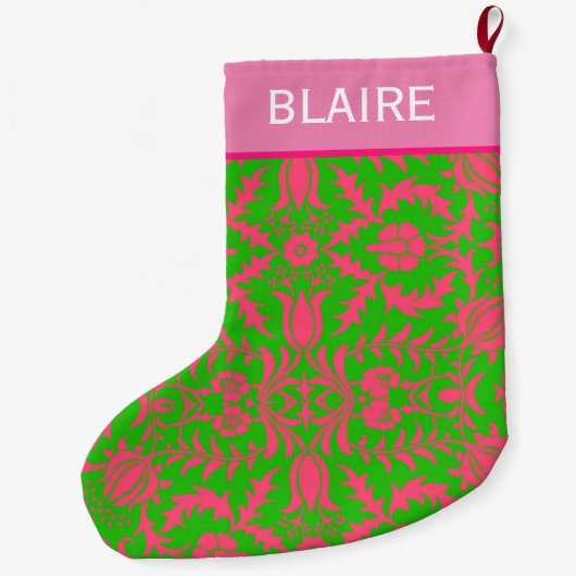 Grande Chaussette De Noël Monogramme rose et vert Preppy (Dos)
