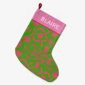 Grande Chaussette De Noël Monogramme rose et vert Preppy (Devant (Accrochage))