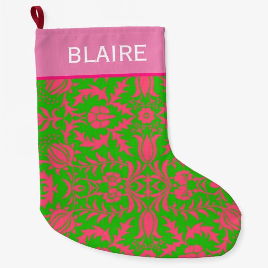 Grande Chaussette De Noël Monogramme rose et vert Preppy (Devant)