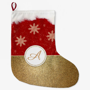 Grande Chaussette De Noël Monogramme rouge et blanc d'or de Faux