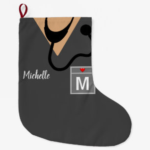 Grande Chaussette De Noël Monogramme supérieur de l'infirmière personnalisée
