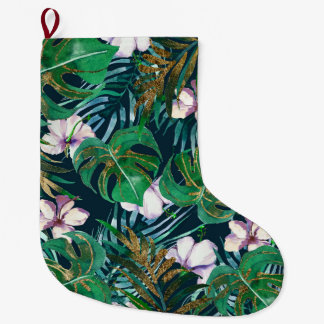 Grande Chaussette De Noël Monstre d'or Tropical Green Lilac Feuilles Floral