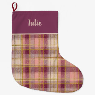 Grande Chaussette De Noël Motif carreaux rose personnalisé
